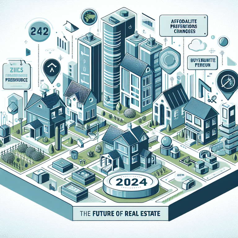 Real estate trends illustration with houses and graphs.