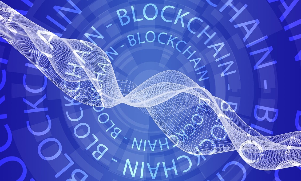 A stylized diagram of a blockchain network with interconnected nodes.
