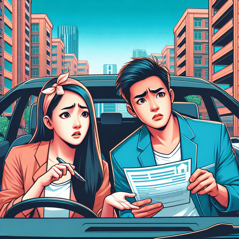 Couple reviewing rental application outside apartment complex.