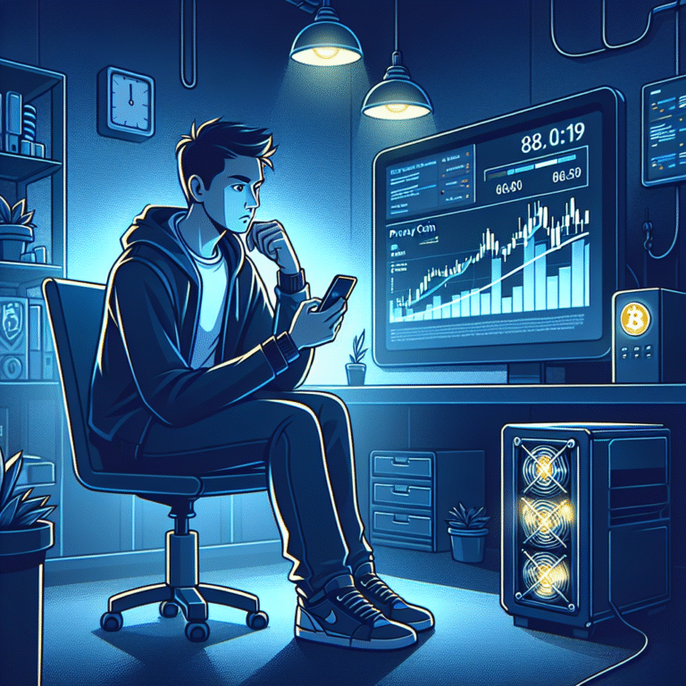 Mining rig and smartphone displaying fluctuating cryptocurrency data.